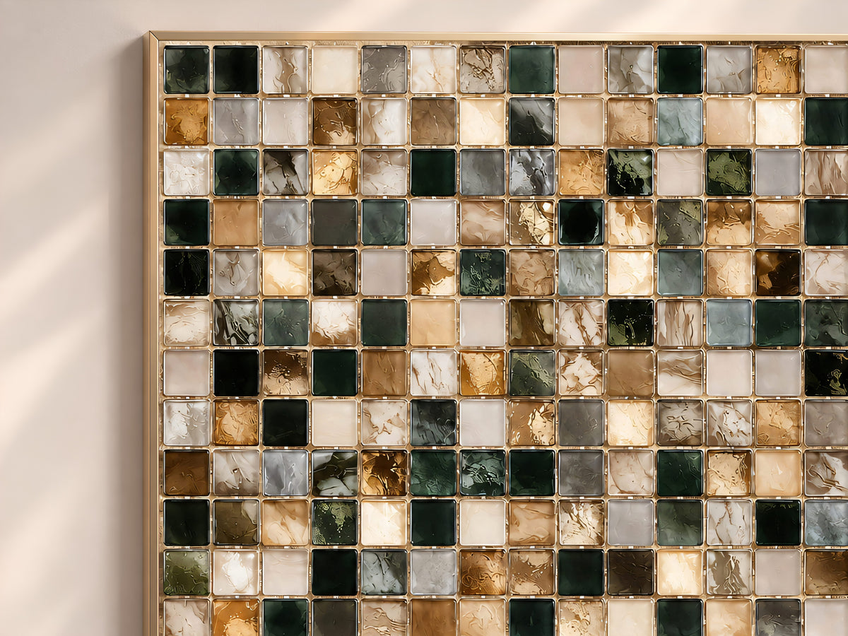 Dark Green and Gold Mosaic Tile Wall Art Print, Abstract Glass Tile Grid Painting, Printable Earthy Neutral Decor, Digital Download