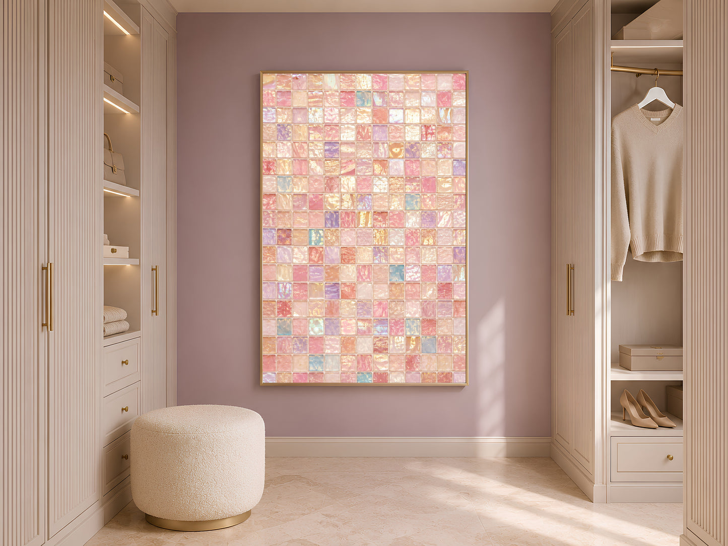 Iridescent mosaic wall art in walk-in closet, pink dopamine decor mockup