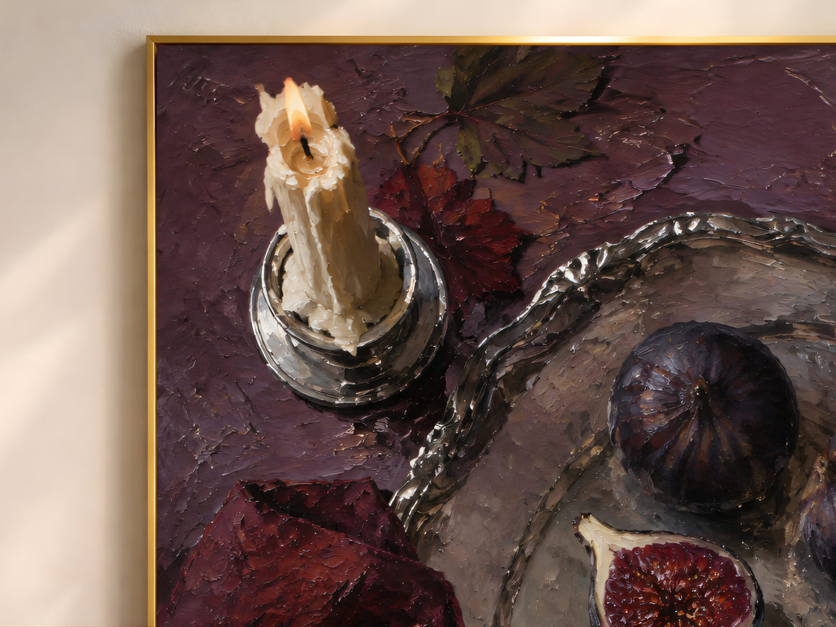 Close-up of candlelit fig still life painting showing impasto texture and warm gold light