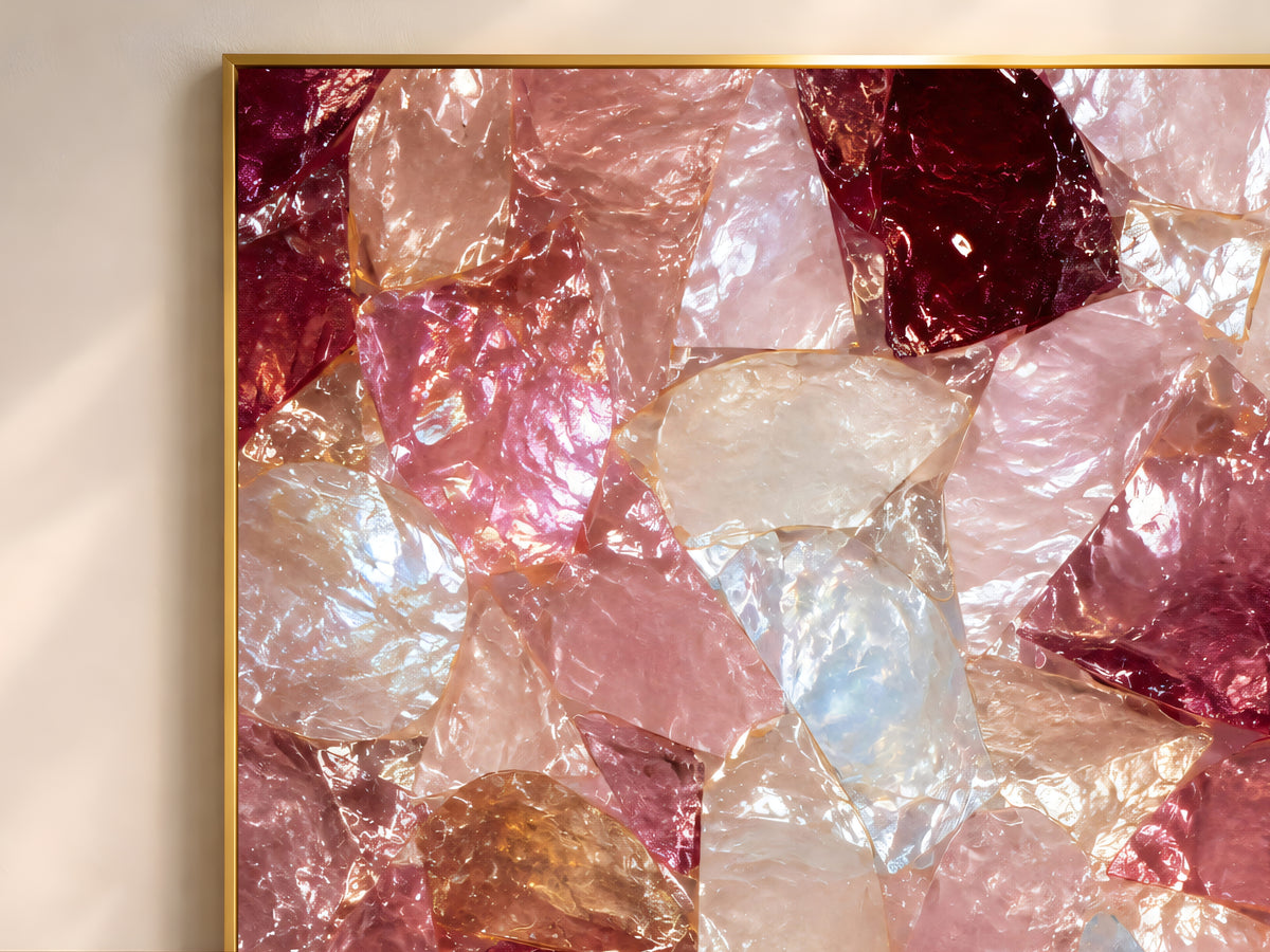 Close-up of the pink crystal gemstone mosaic abstract print showing faceted blush and burgundy shards