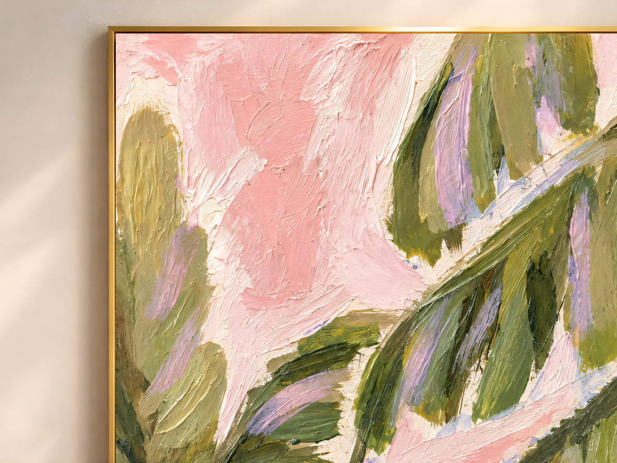 Close-up of impasto palm leaf painting texture in pink and olive green