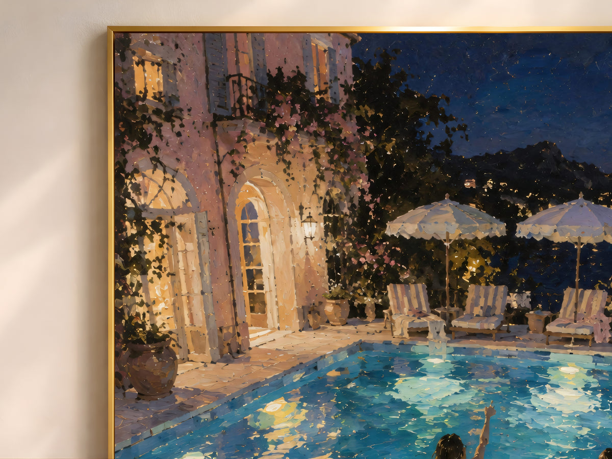 Close-up of night swim wall art showing lantern light, striped umbrellas, and glowing pool water