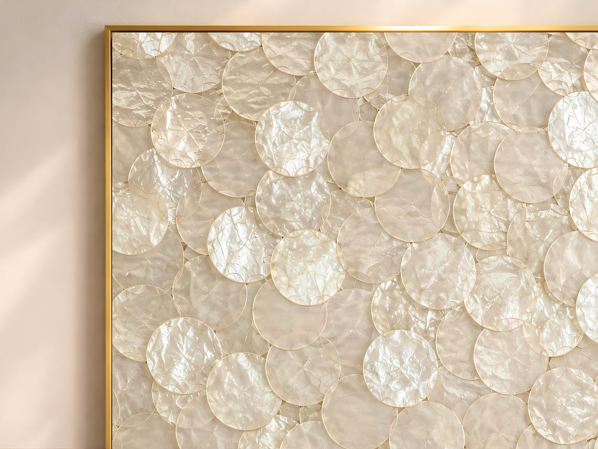 Close-up of capiz shell texture in champagne and pearl tones