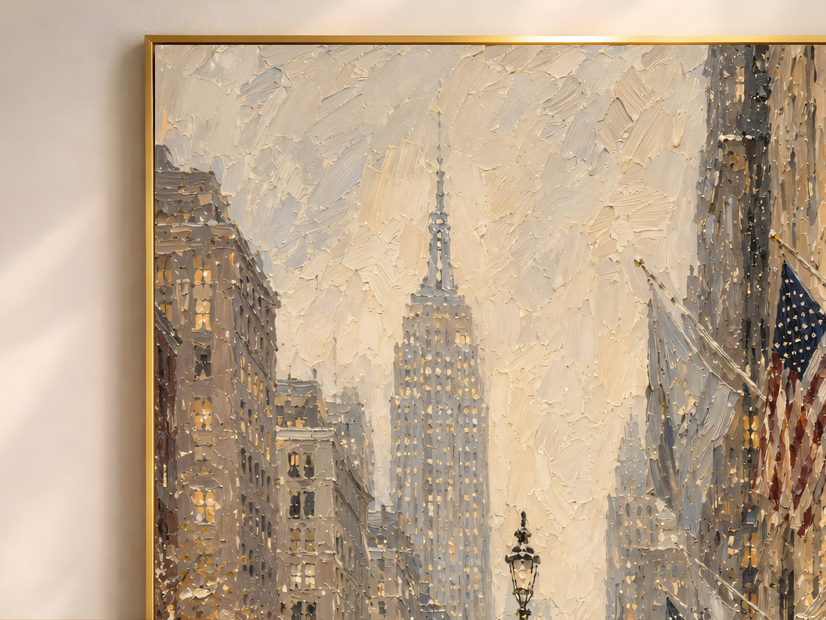 Close-up detail of impasto oil painting texture showing Empire State Building and American flags