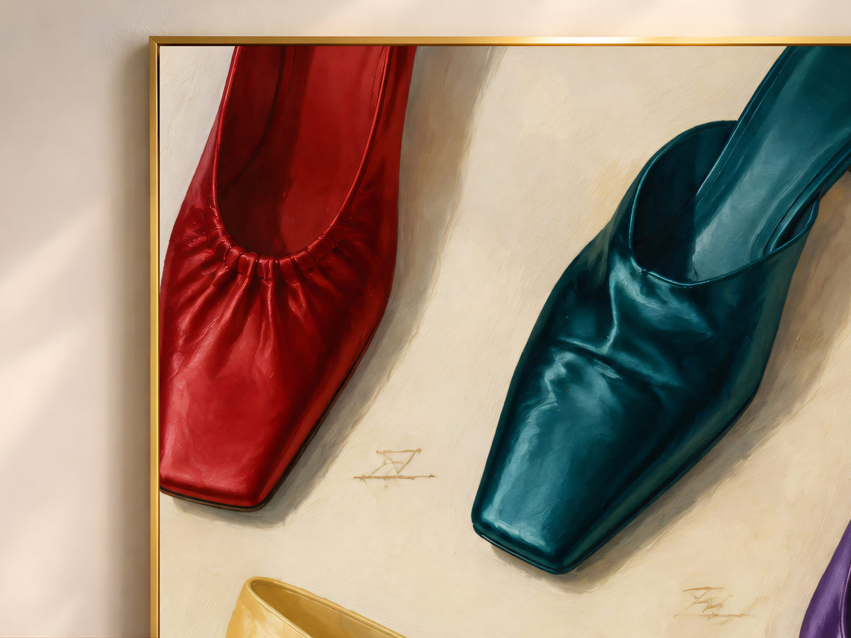 Close up of fashion wall art print, colorful satin shoes detail