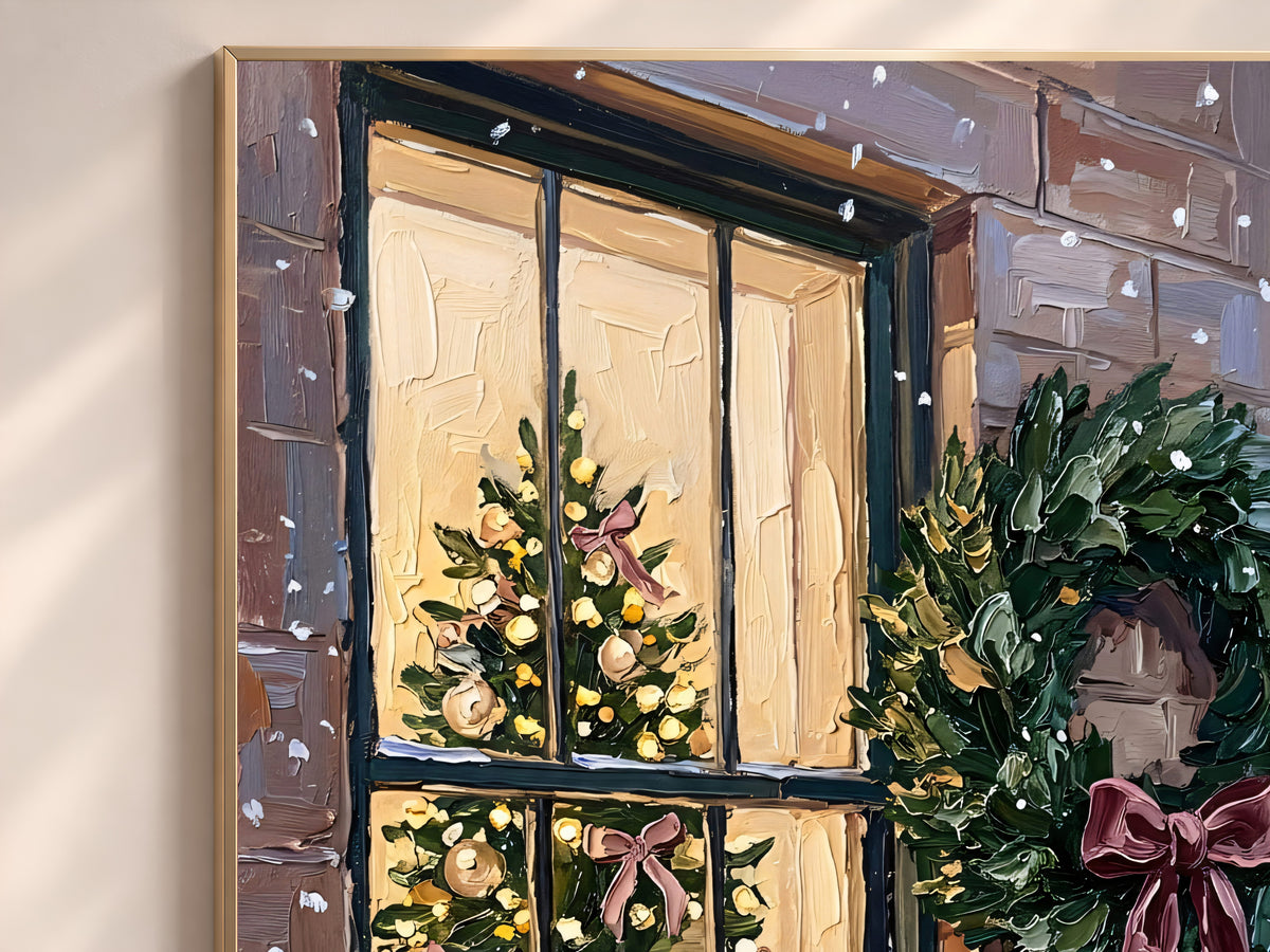 Christmas Window Painting Print, Snowy Winter Scene with Wreath and Christmas Tree, Pink Bow Holiday Wall Art, Printable Digital Download
