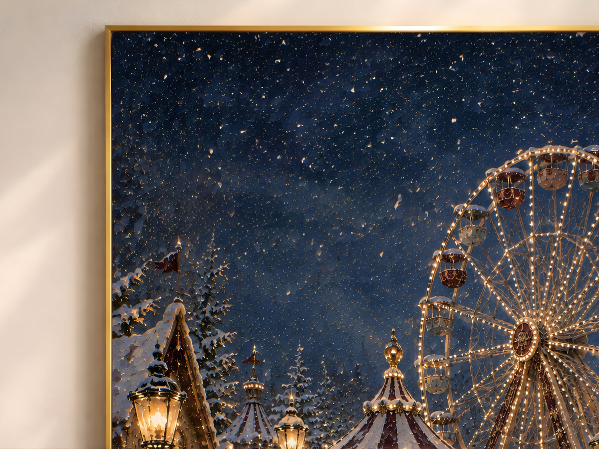 Close-up of the winter carnival street painting showing a glowing ferris wheel and carousel under falling snow