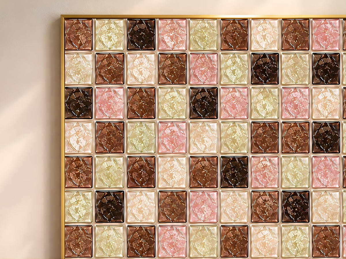 Close-up of geometric mosaic wall art in cocoa brown, sage green, blush, and cream glass-tile pattern