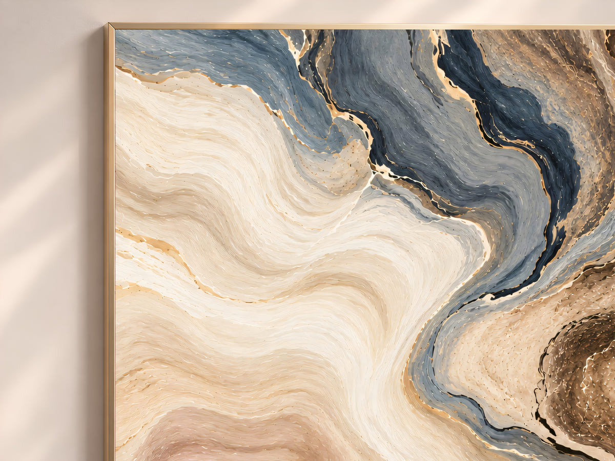 Blue Gray and Beige Abstract Wall Art, Slate Blue and Brown Marble Swirl Print with Gold Veins, Printable Neutral Decor, Digital Download