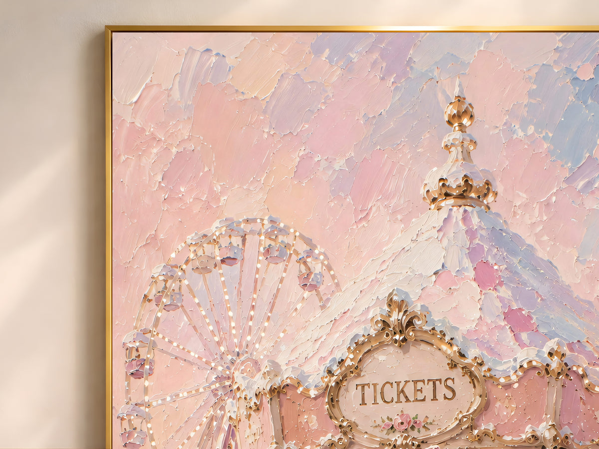 Close-up of the pastel carnival painting showing the ferris wheel and blush bows on the ticket booth