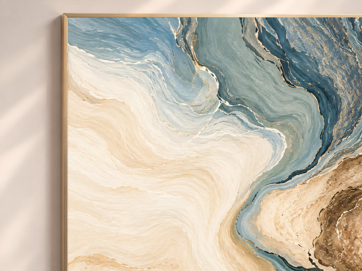 Blue and Beige Abstract Wall Art, Coastal Marble Swirl Print, Dusty Blue and Brown Painting, Printable Neutral Decor, Digital Download