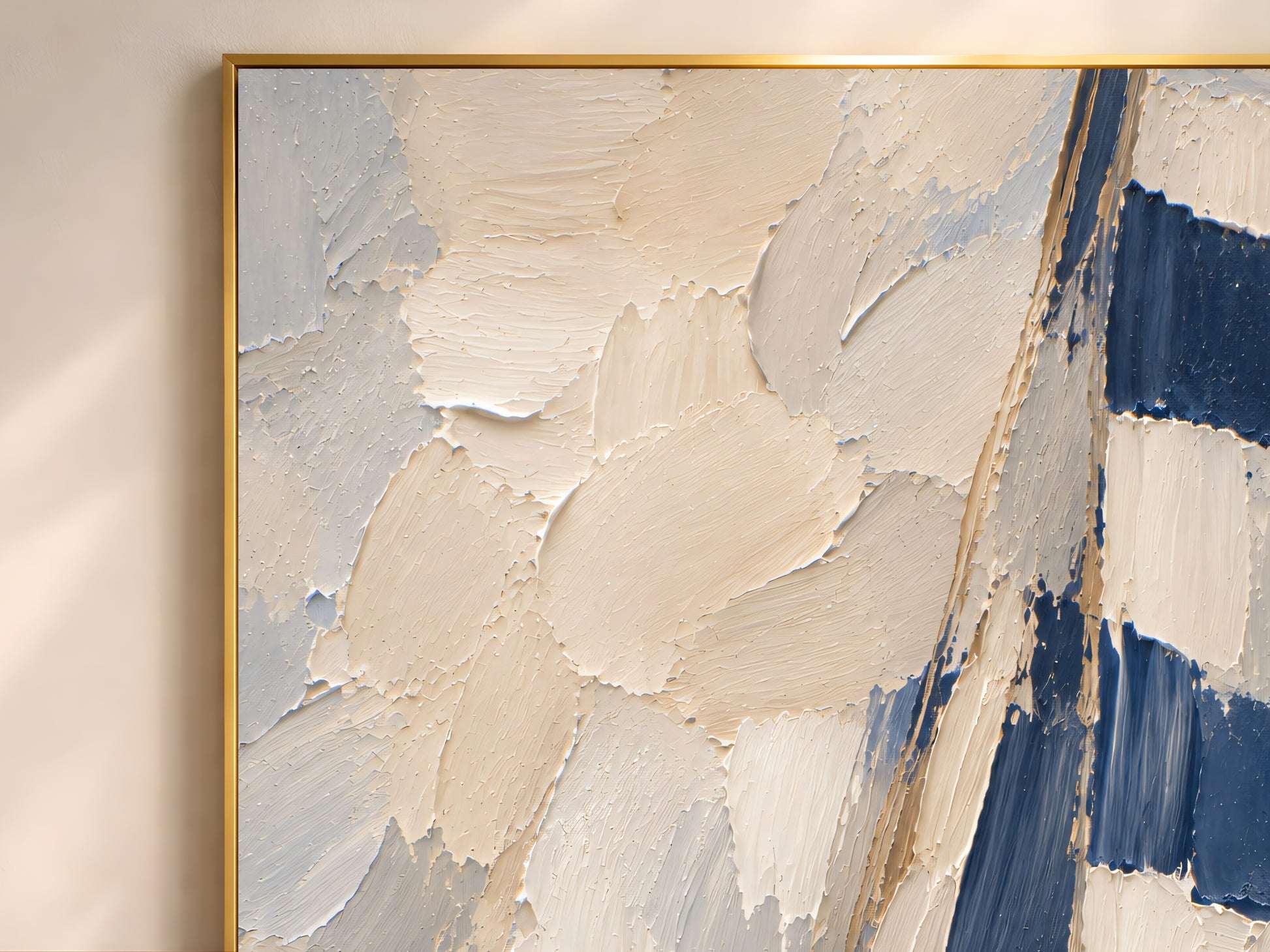 Close-up of thick impasto brushstrokes in navy and cream on an abstract sailboat painting