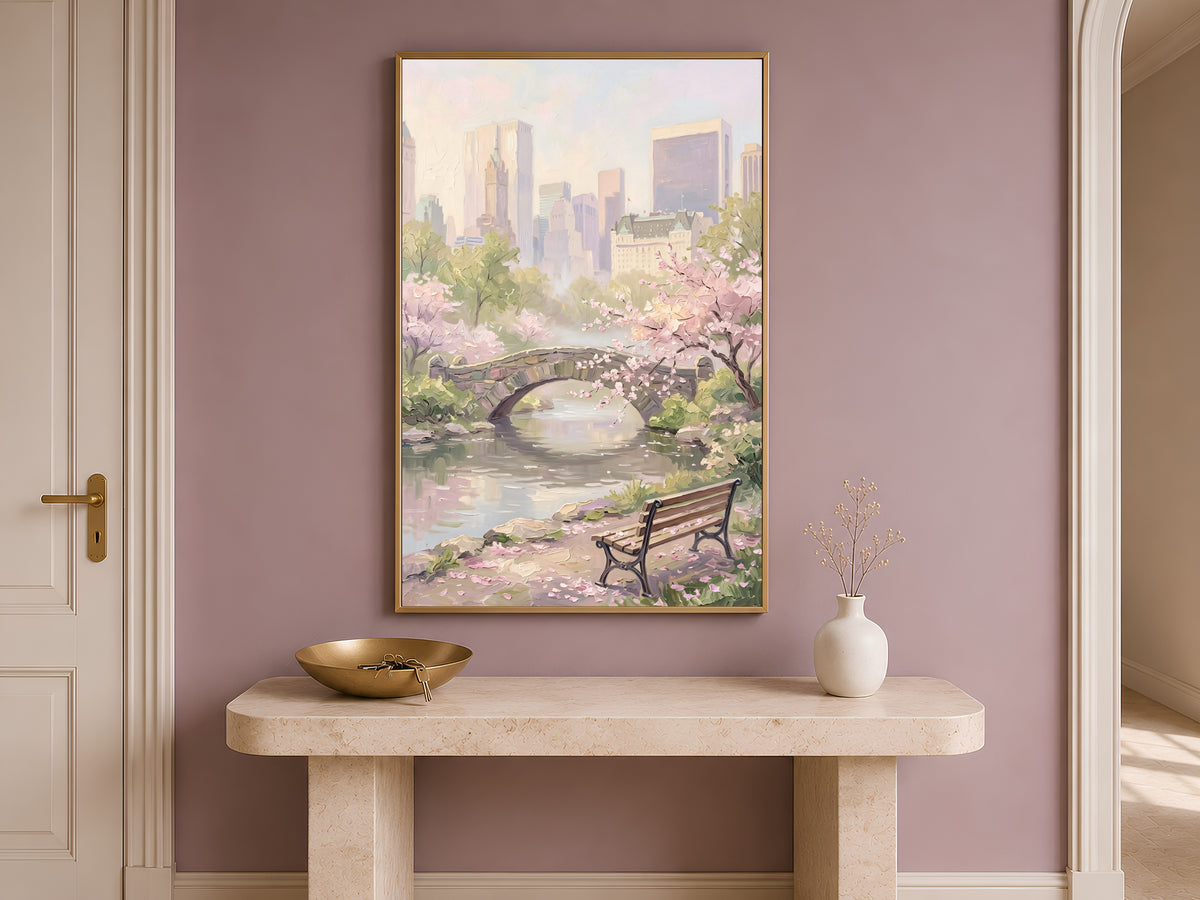 Central Park Cherry Blossom Print, Gapstow Bridge NYC Spring Wall Art - Digital Download