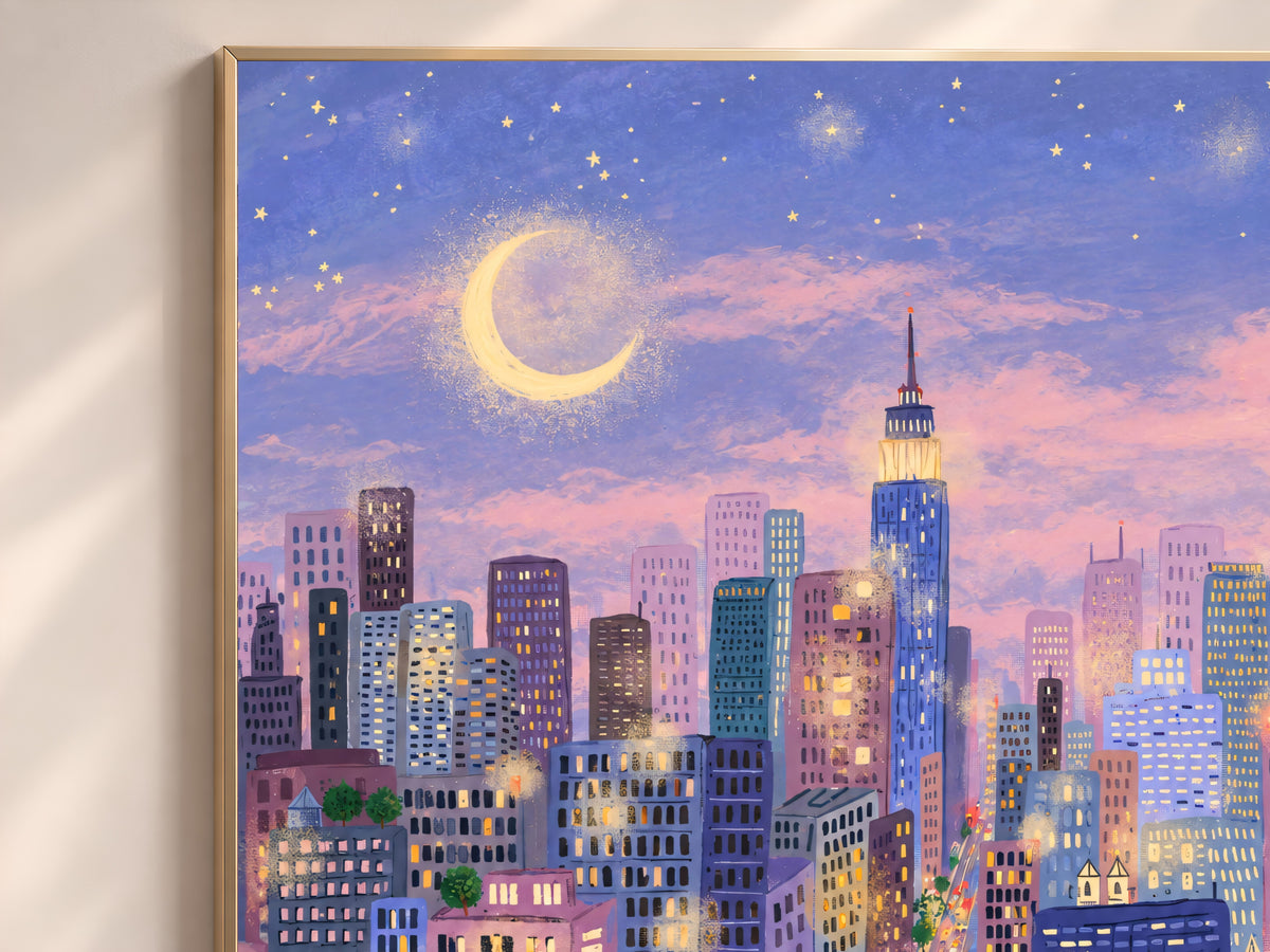 New York City at Night Print, Purple and Pink NYC Skyline Illustration with Moon and Yellow Taxis, Whimsical City Decor, Digital Download