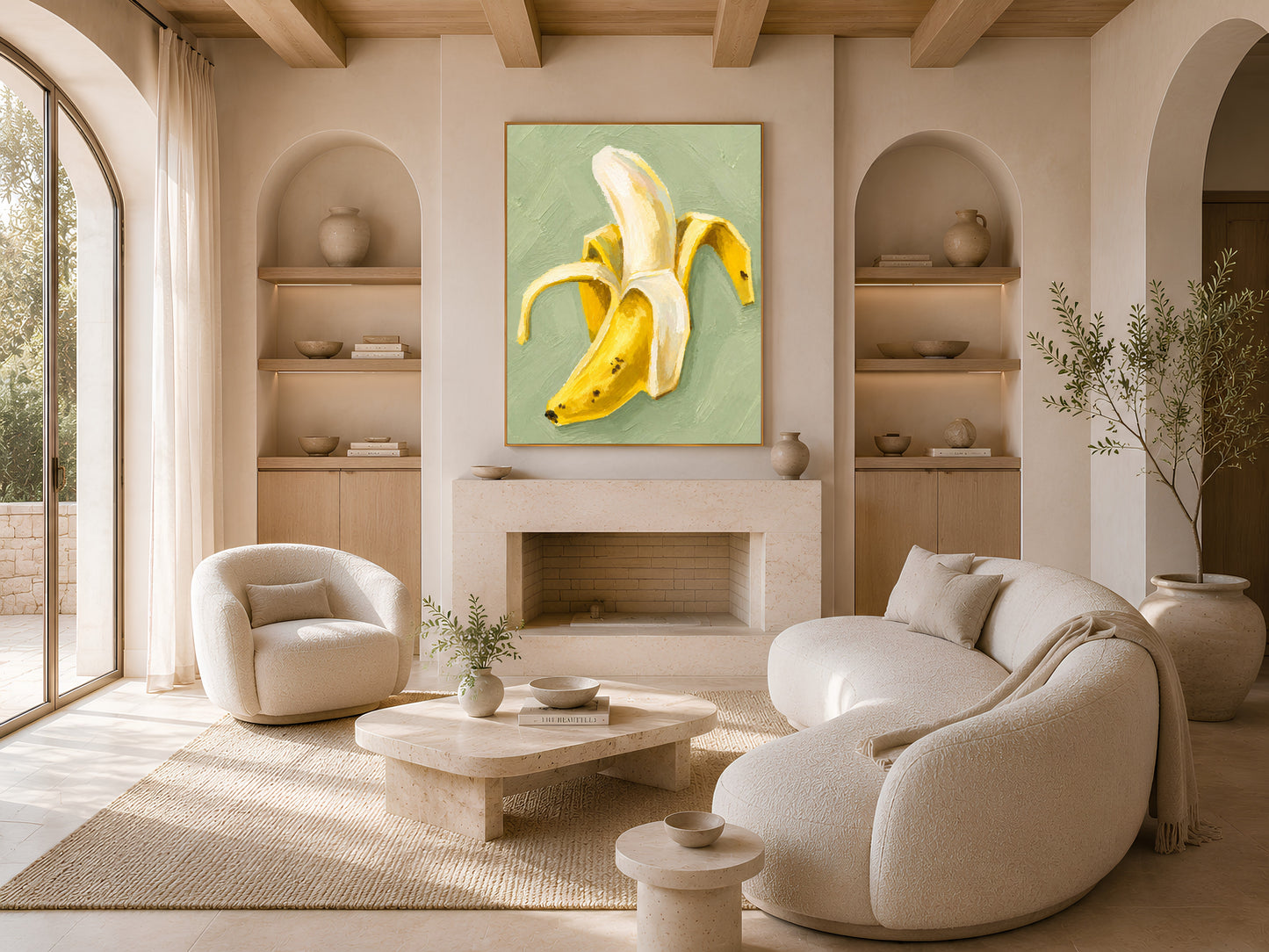 Banana still life painting framed above fireplace in boho living room with arched windows