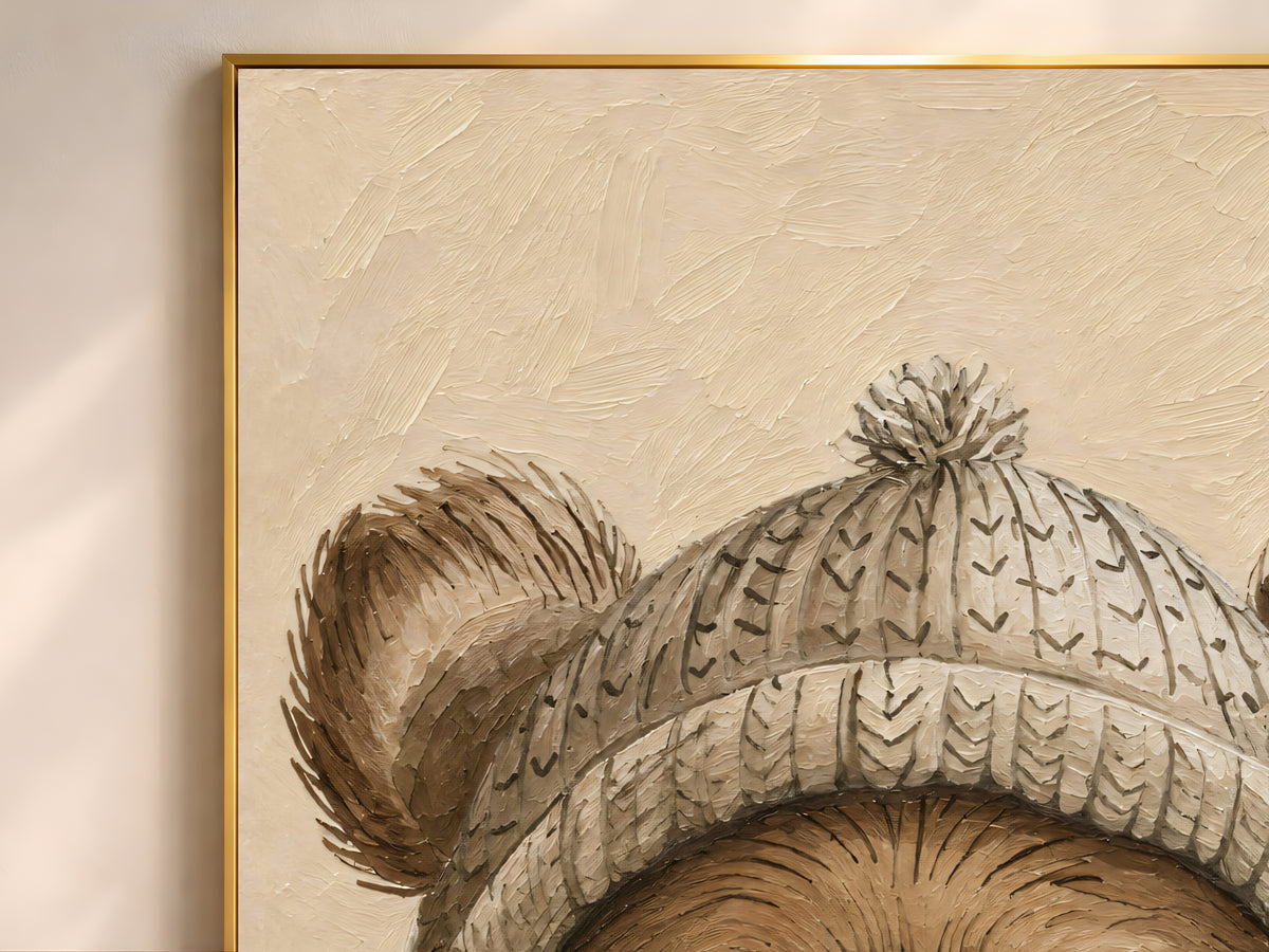 Close-up of impasto teddy bear painting texture in a thin gold frame