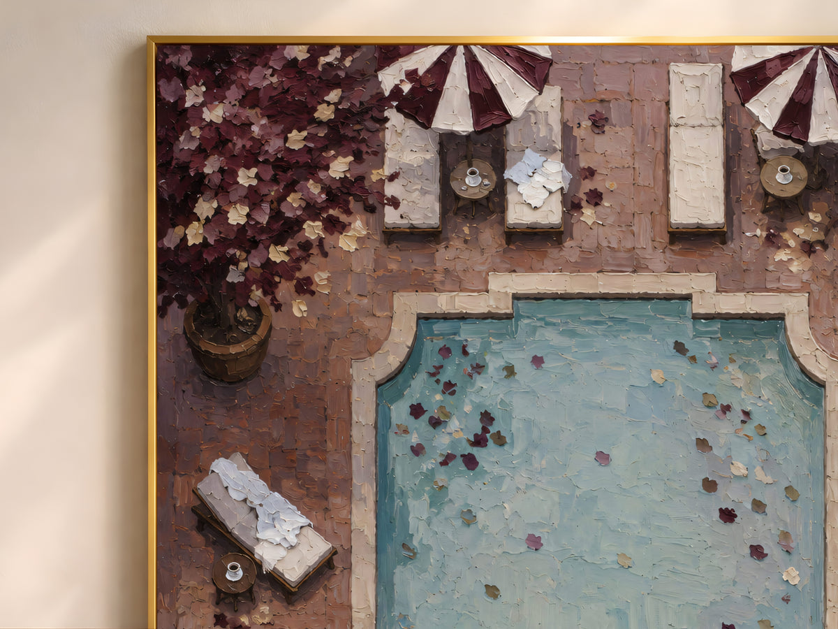 Close-up of aerial pool painting showing terracotta tiles and striped cabana umbrellas