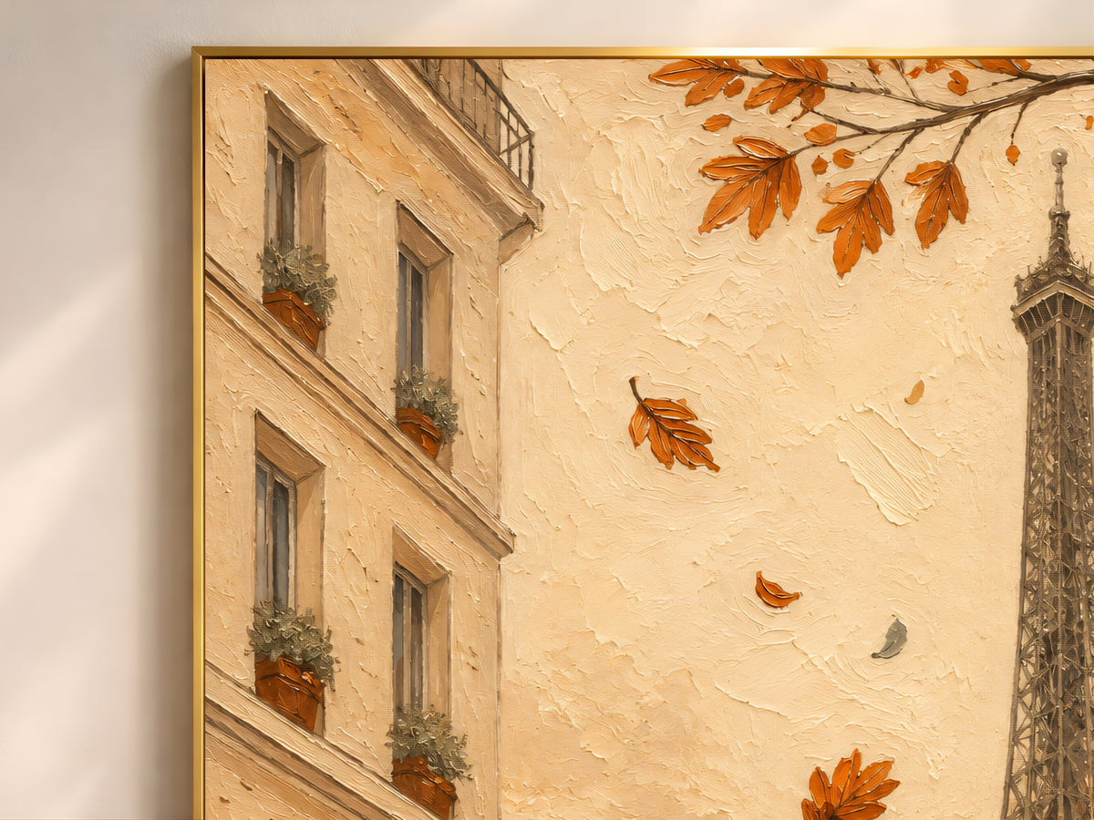 Close-up of impasto Paris autumn painting texture with falling leaves