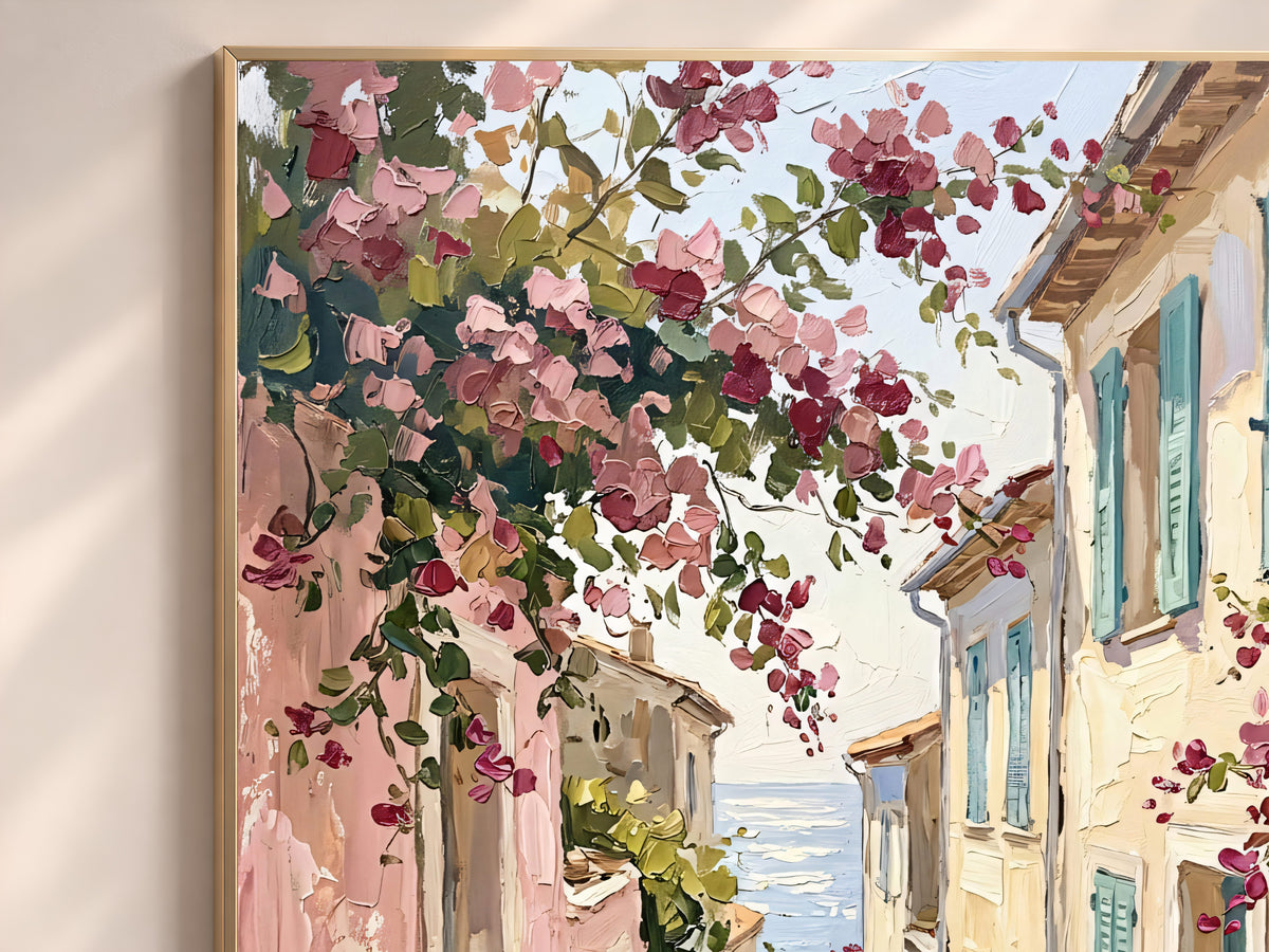 Mediterranean Street Painting Print, Pink Bougainvillea Alley with Sea View, Coastal Village Wall Art, Printable Digital Download