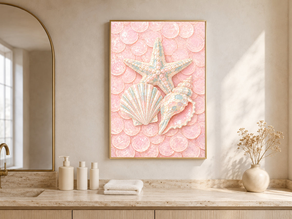 Pink Coastal Seashell Print, Starfish Scallop Conch Wall Art - Digital Download