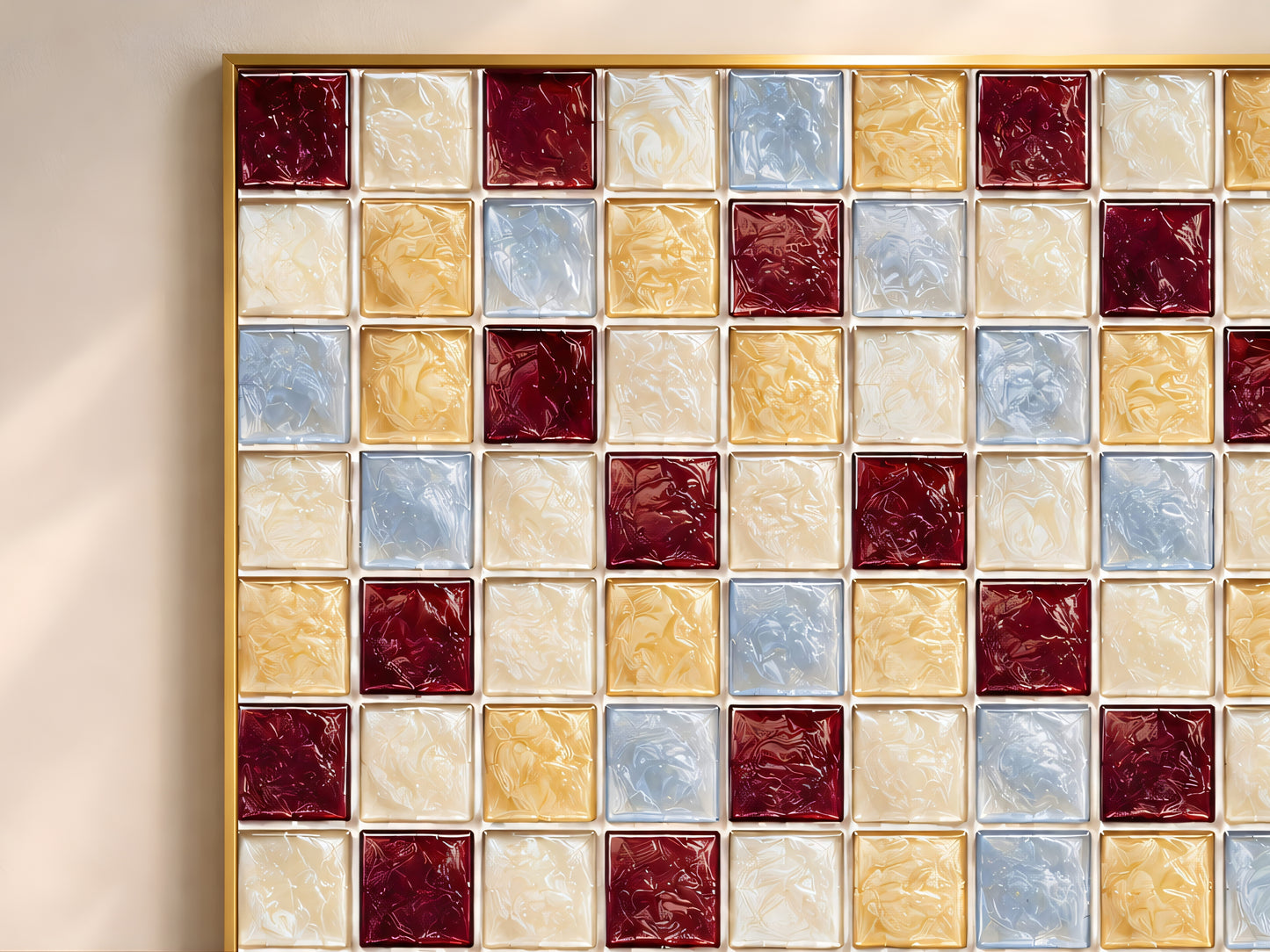 Close-up of glossy jewel-tone mosaic tiles in burgundy, gold, powder blue, and cream on an abstract print