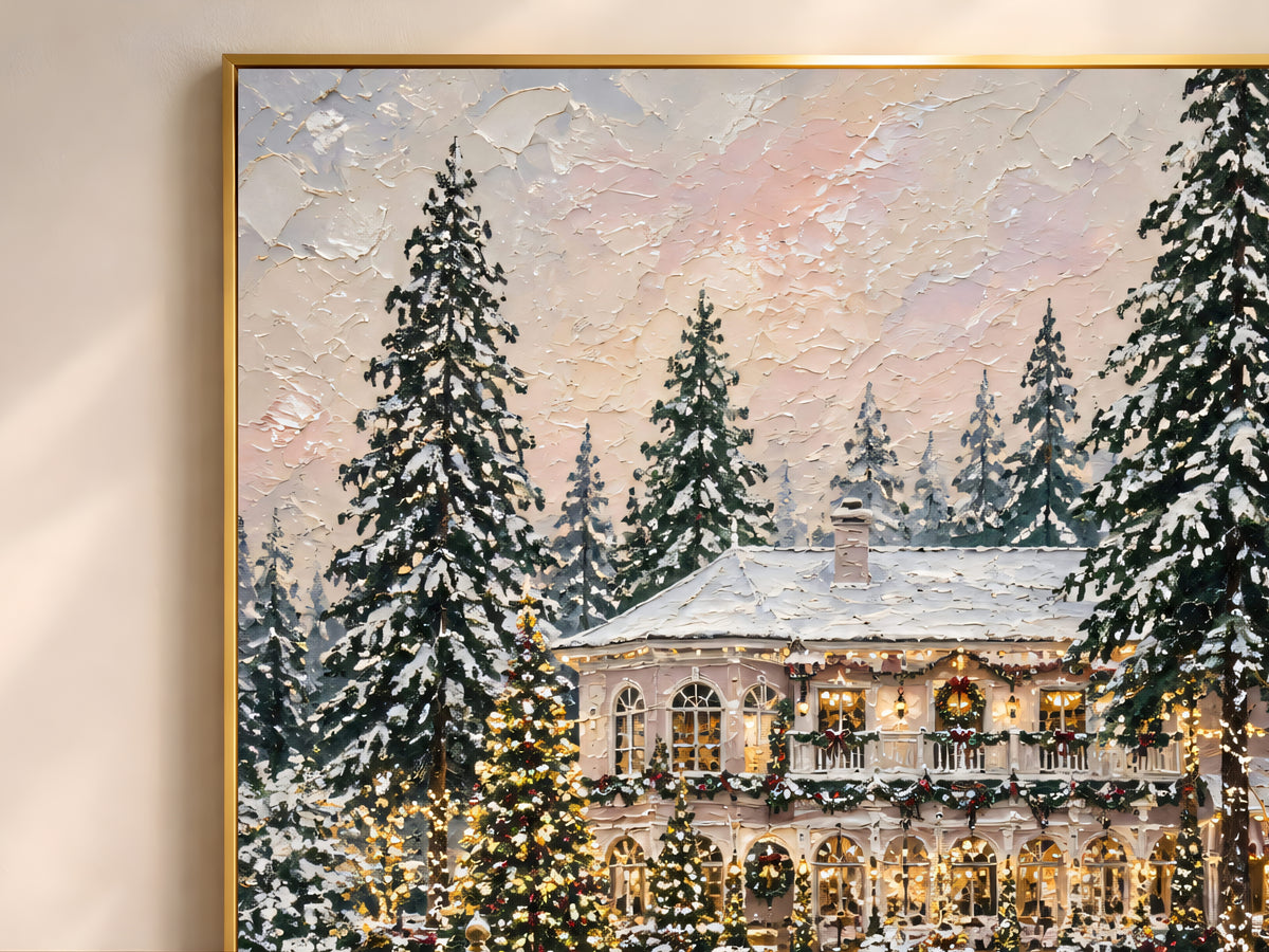 Close-up of the textured impasto oil painting showing snowy pine trees and a glowing Christmas mansion in the background