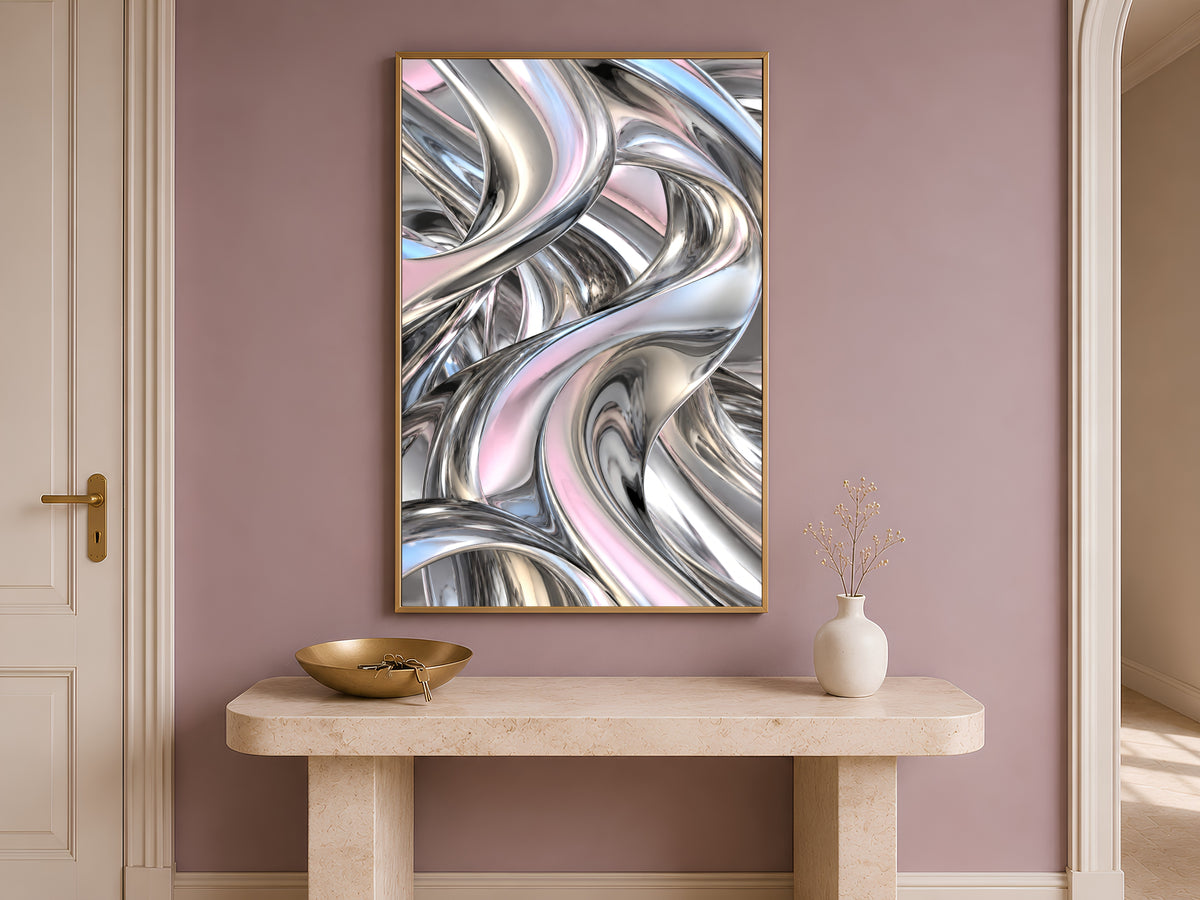 Chrome Liquid Metal Wall Art, Silver Iridescent 3D Abstract Print - Digital Download