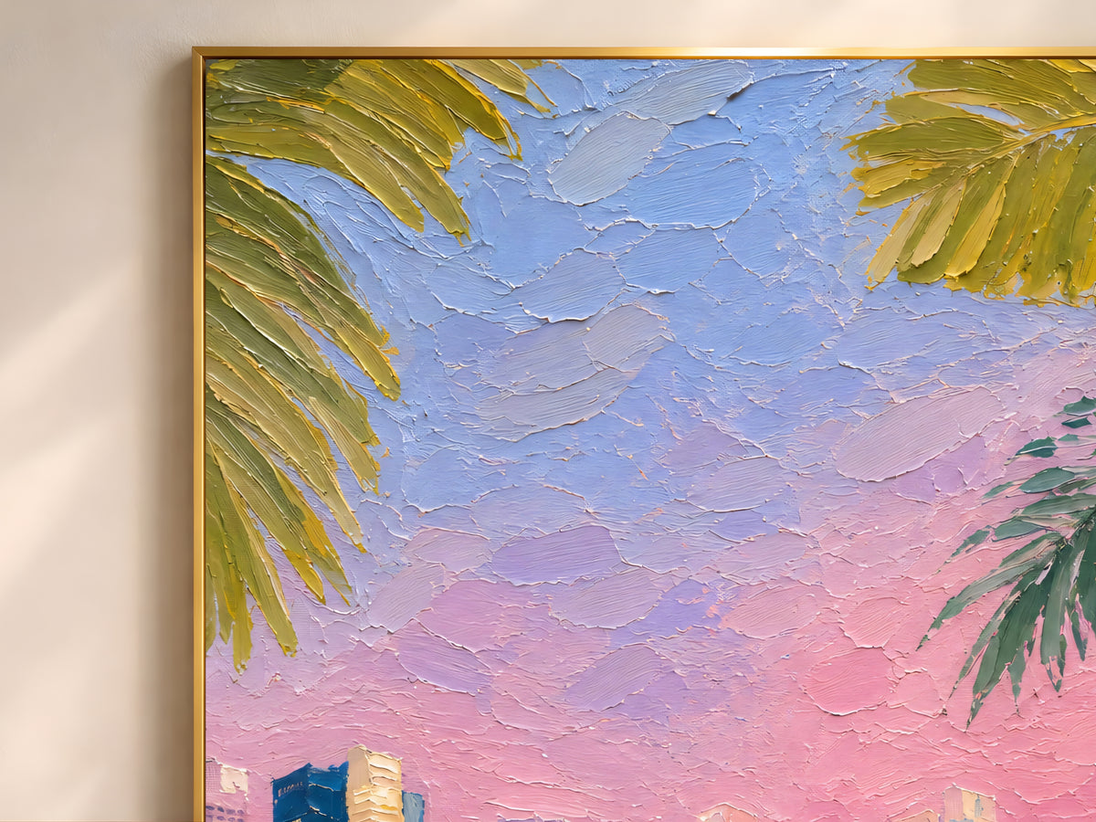 Close-up of impasto tropical skyline painting texture with palm leaves