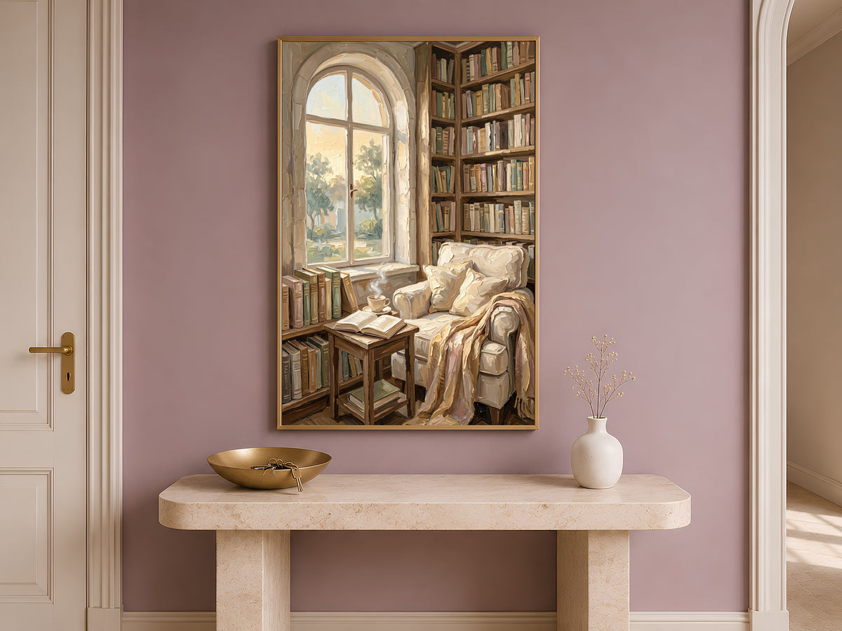 Cozy Library Nook Print, Reading Nook Wall Art - Digital Download