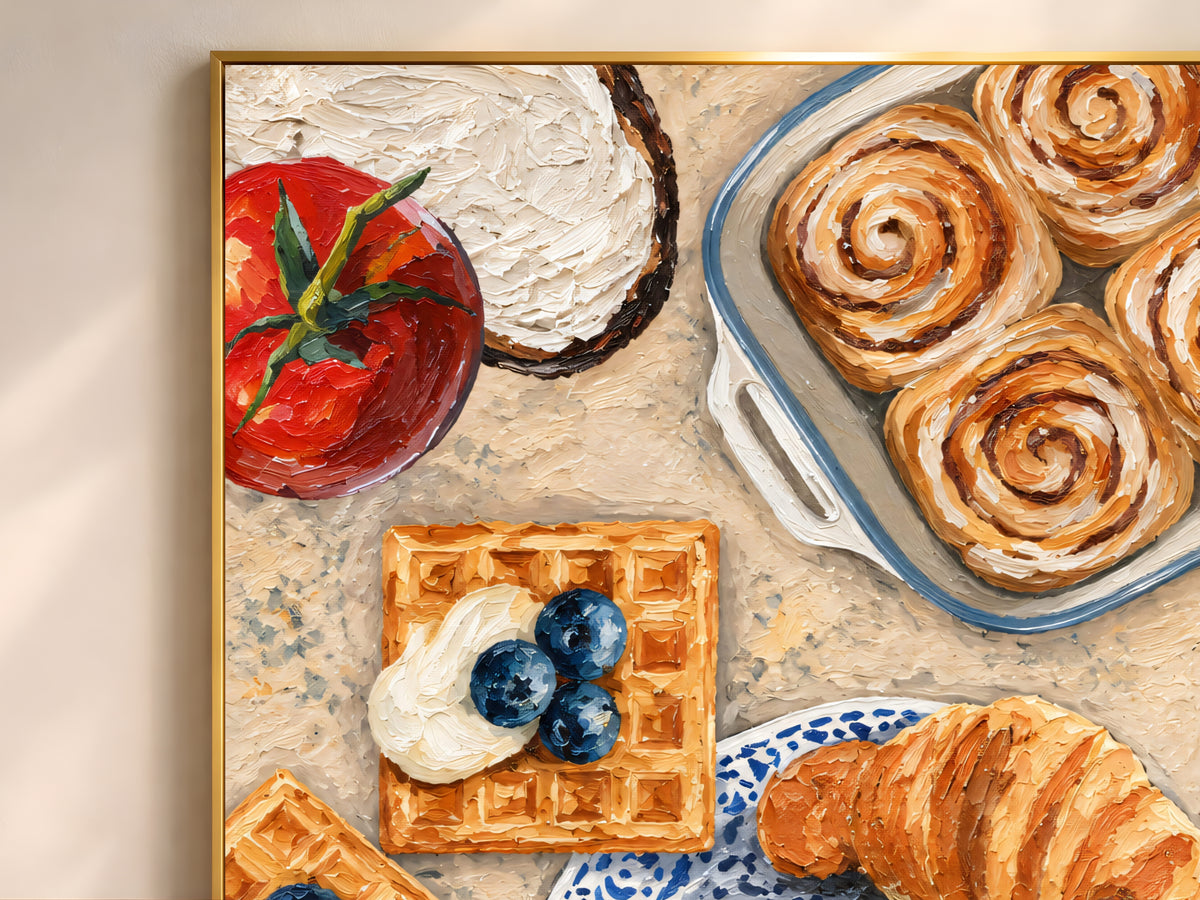Close-up of impasto brunch painting texture with waffles and croissants