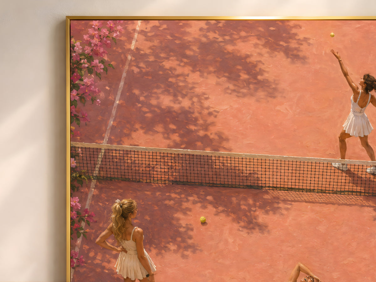 Pink tennis court print framed on a wall beside a cream sofa and round chairs