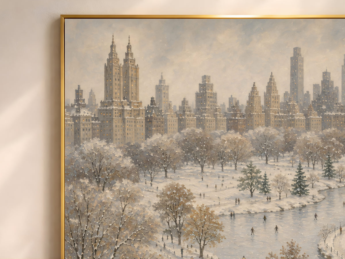 Close-up detail of framed Central Park winter oil painting print with San Remo towers skyline