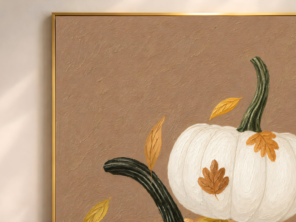 Close-up of impasto stacked pumpkin painting texture in a thin gold frame