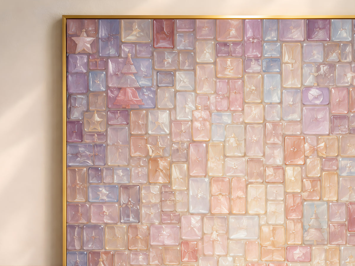 Close-up of pastel stained glass mosaic Christmas art showing glowing glass tile texture