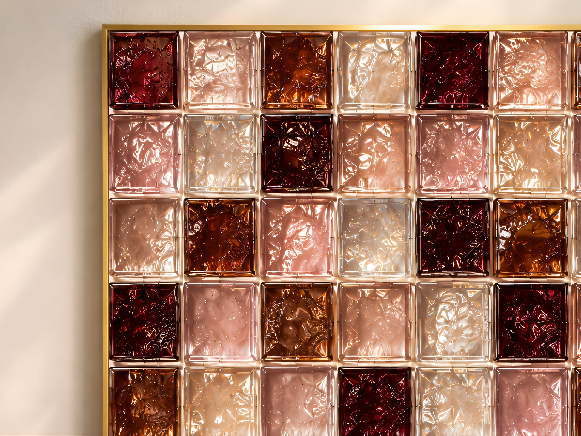 Close-up of glossy blush, wine, and copper glass tile checkerboard artwork