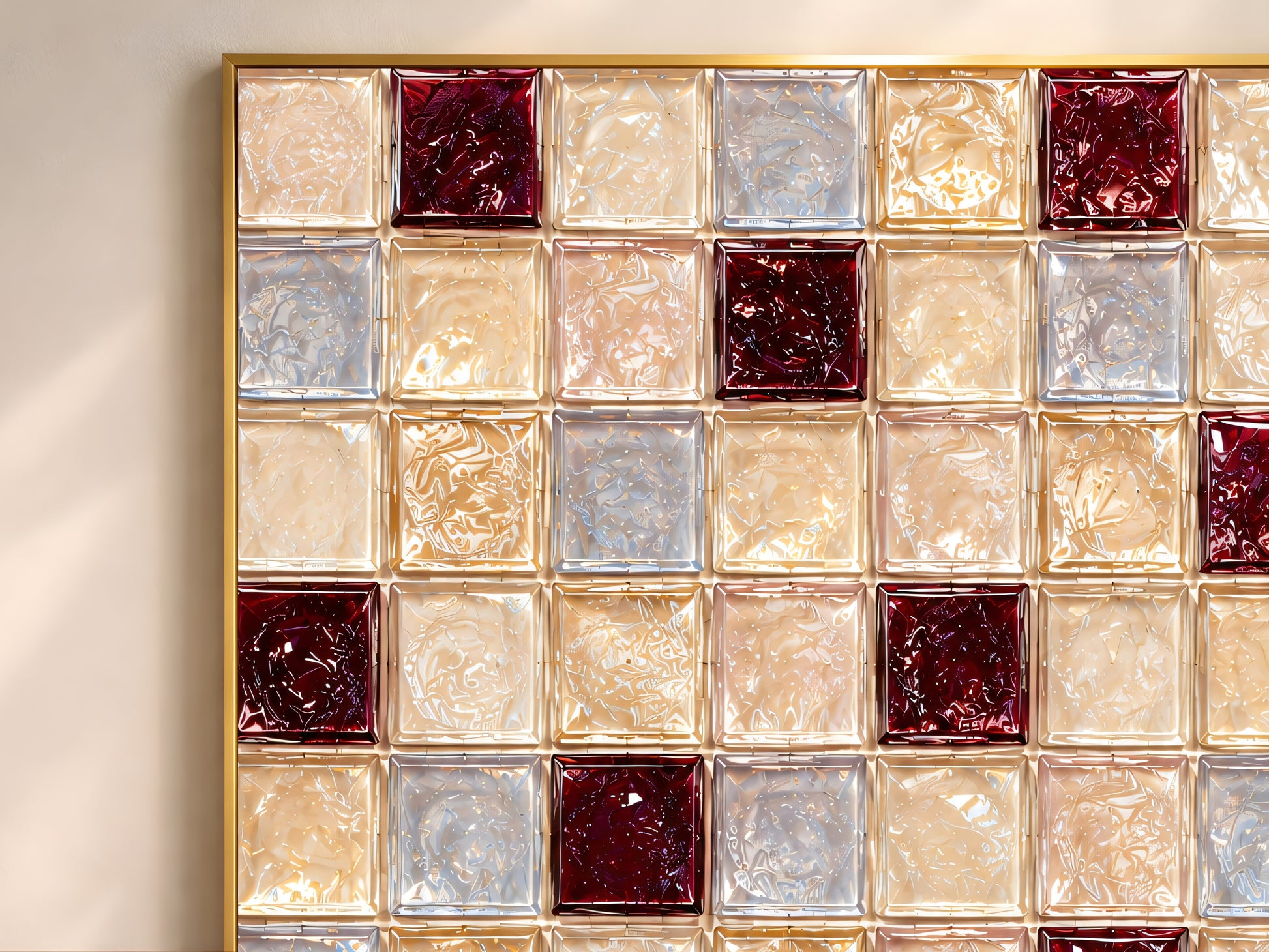 Close-up of glossy burgundy, cream, and blue glass tile checkerboard artwork