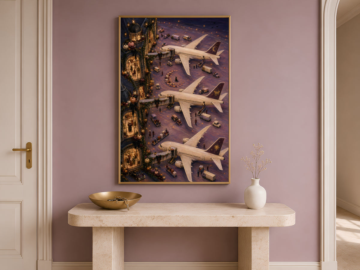 Dark academia wall art framed above entryway console table with vase