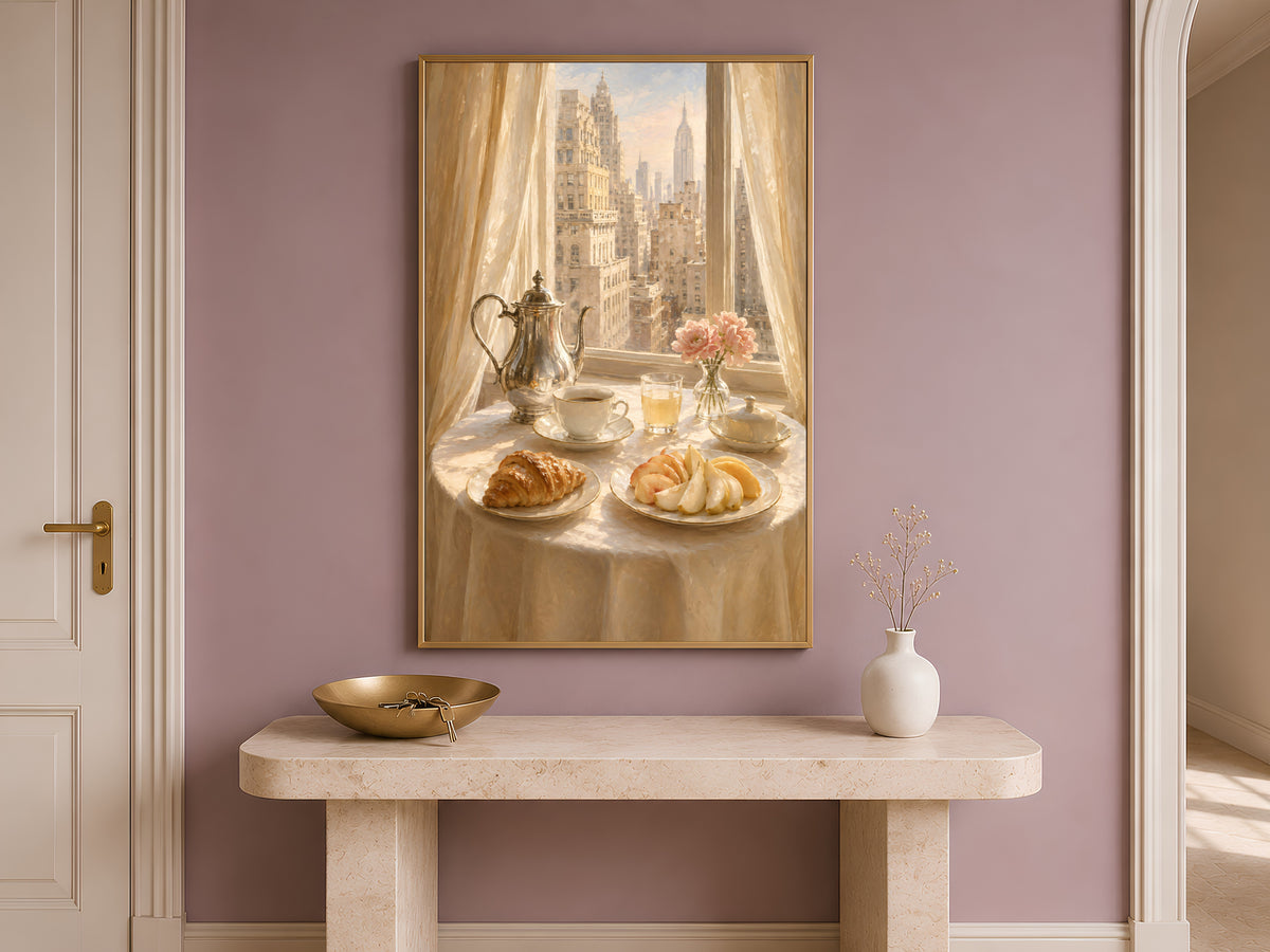 Breakfast Still Life Wall Art, Old Money Aesthetic Print, NYC Skyline Painting - Digital Download