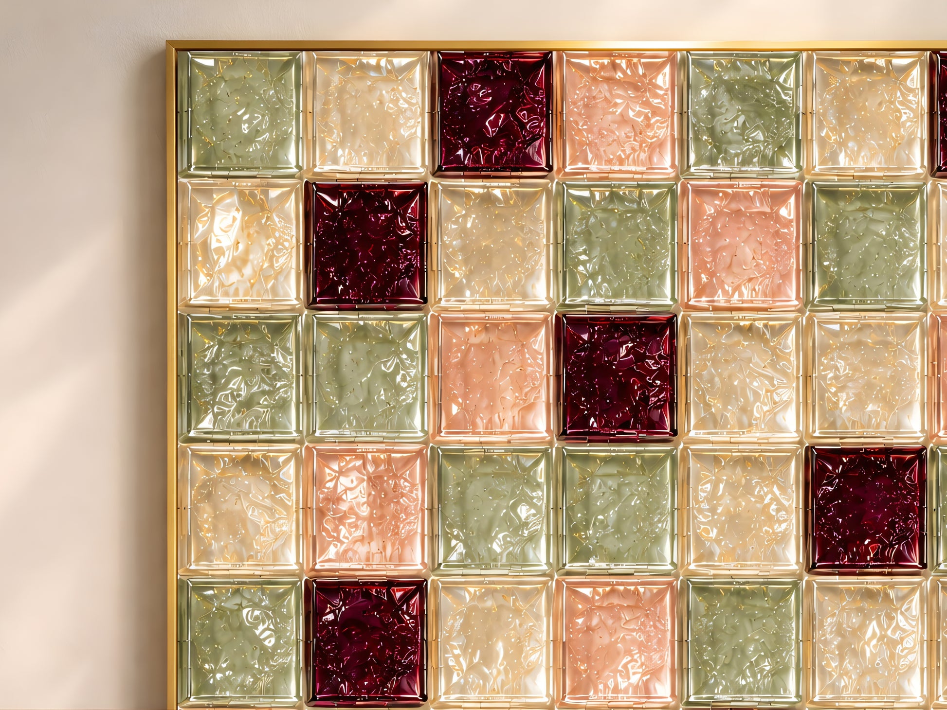 Close-up of glossy sage green, peach, and burgundy glass tile checkerboard artwork