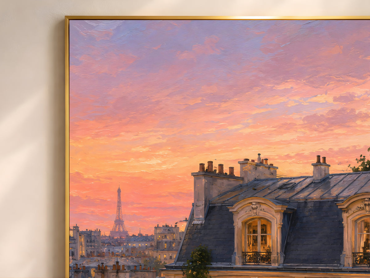 Framed painting of Paris rooftops at sunset with Eiffel Tower in distance