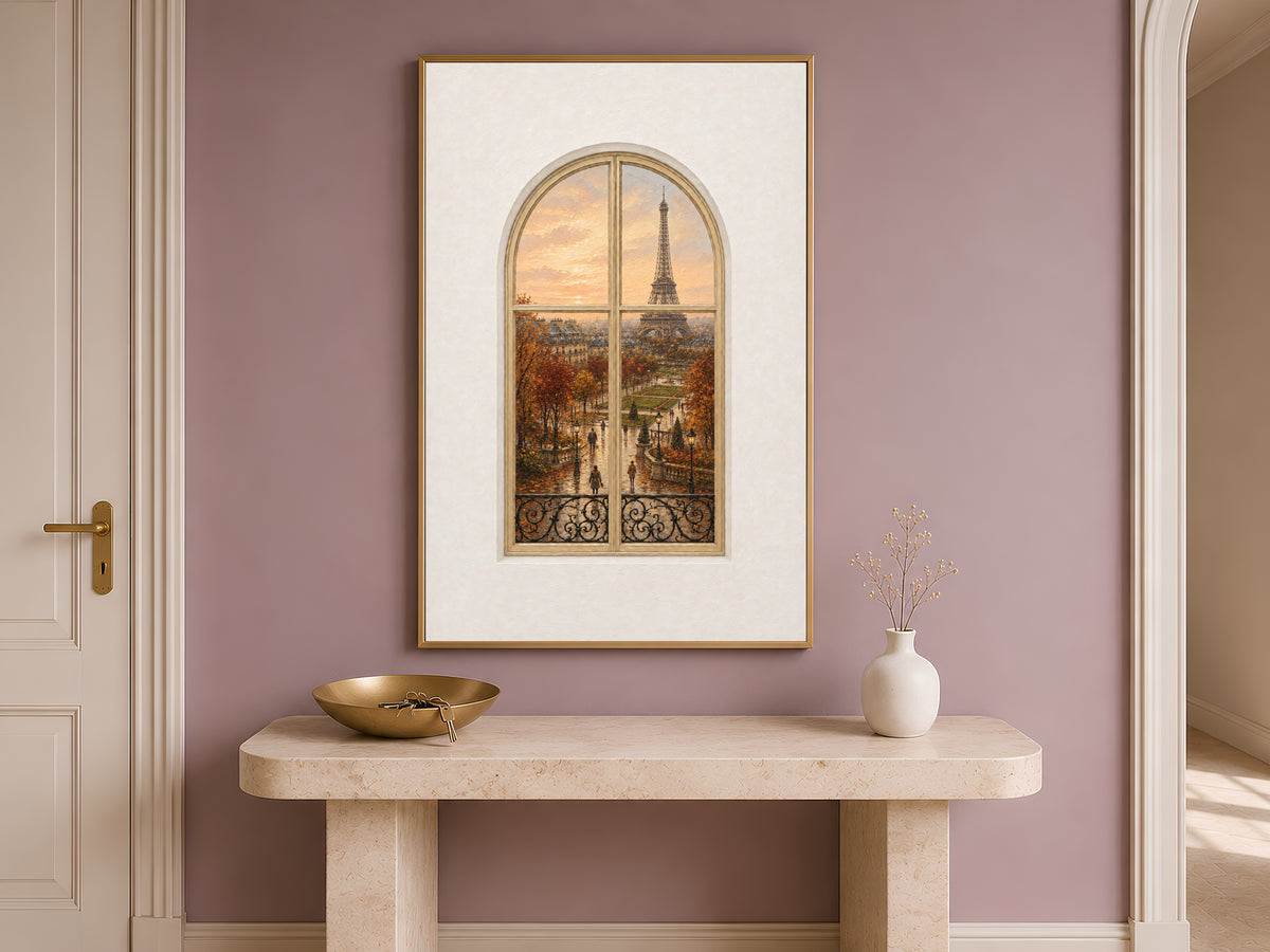 Paris Window Wall Art, Eiffel Tower Autumn Sunset Print - Digital Download