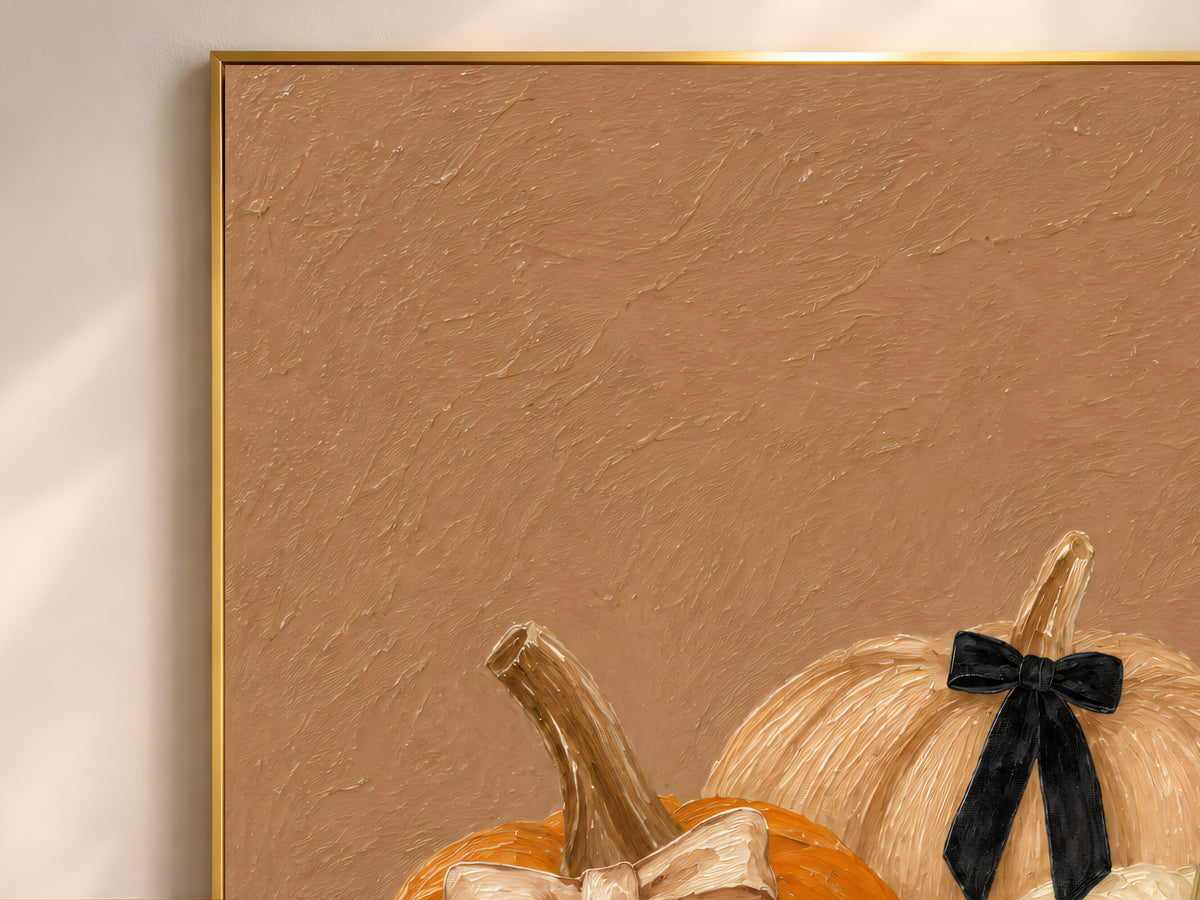 Close-up of impasto pumpkin painting texture in a thin gold frame