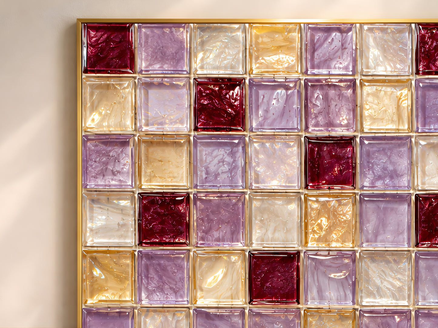 Close-up of glossy jewel-tone mosaic tiles in lavender, gold, and burgundy on an abstract print