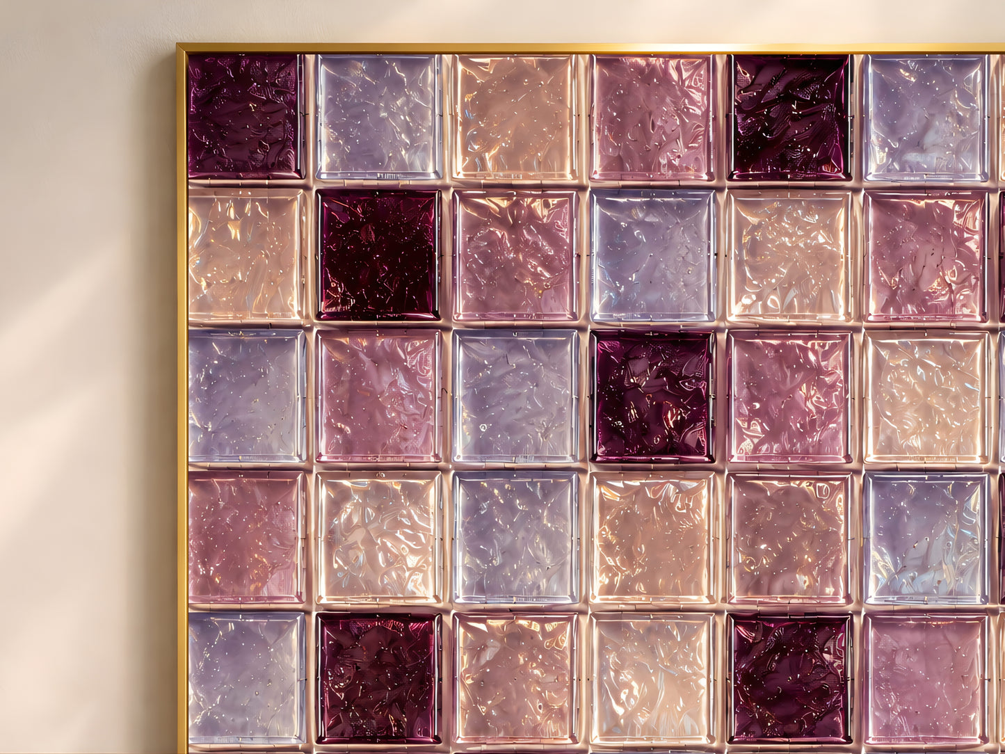 Close-up of glossy plum, mauve, and dusty lavender glass tile checkerboard artwork