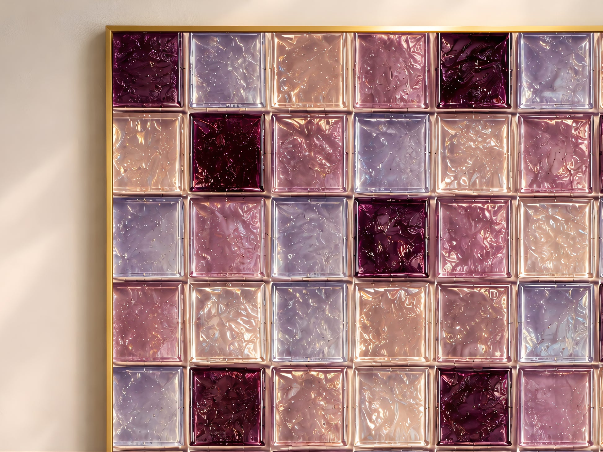 Close-up of glossy plum, mauve, and dusty lavender glass tile checkerboard artwork