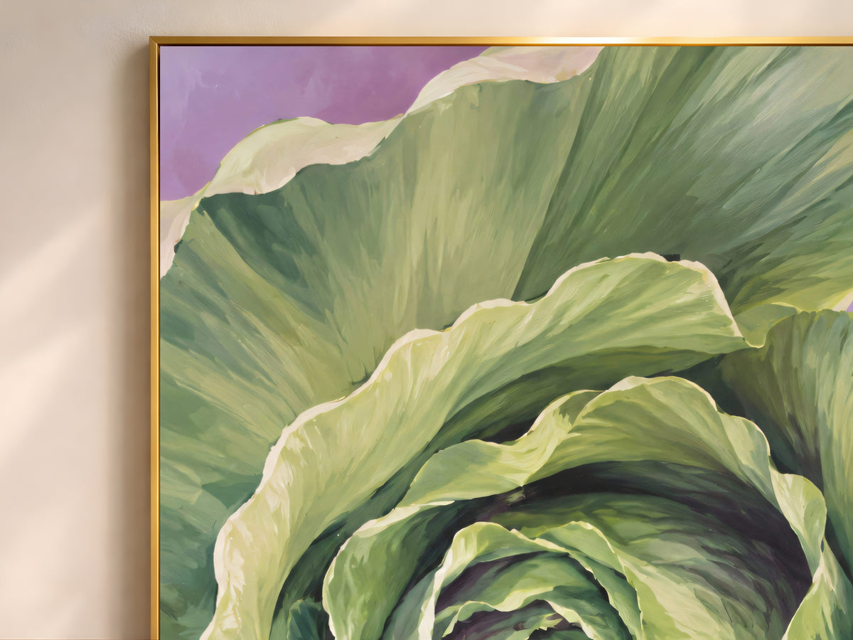 Close up of cabbage wall art print, green botanical oil painting detail