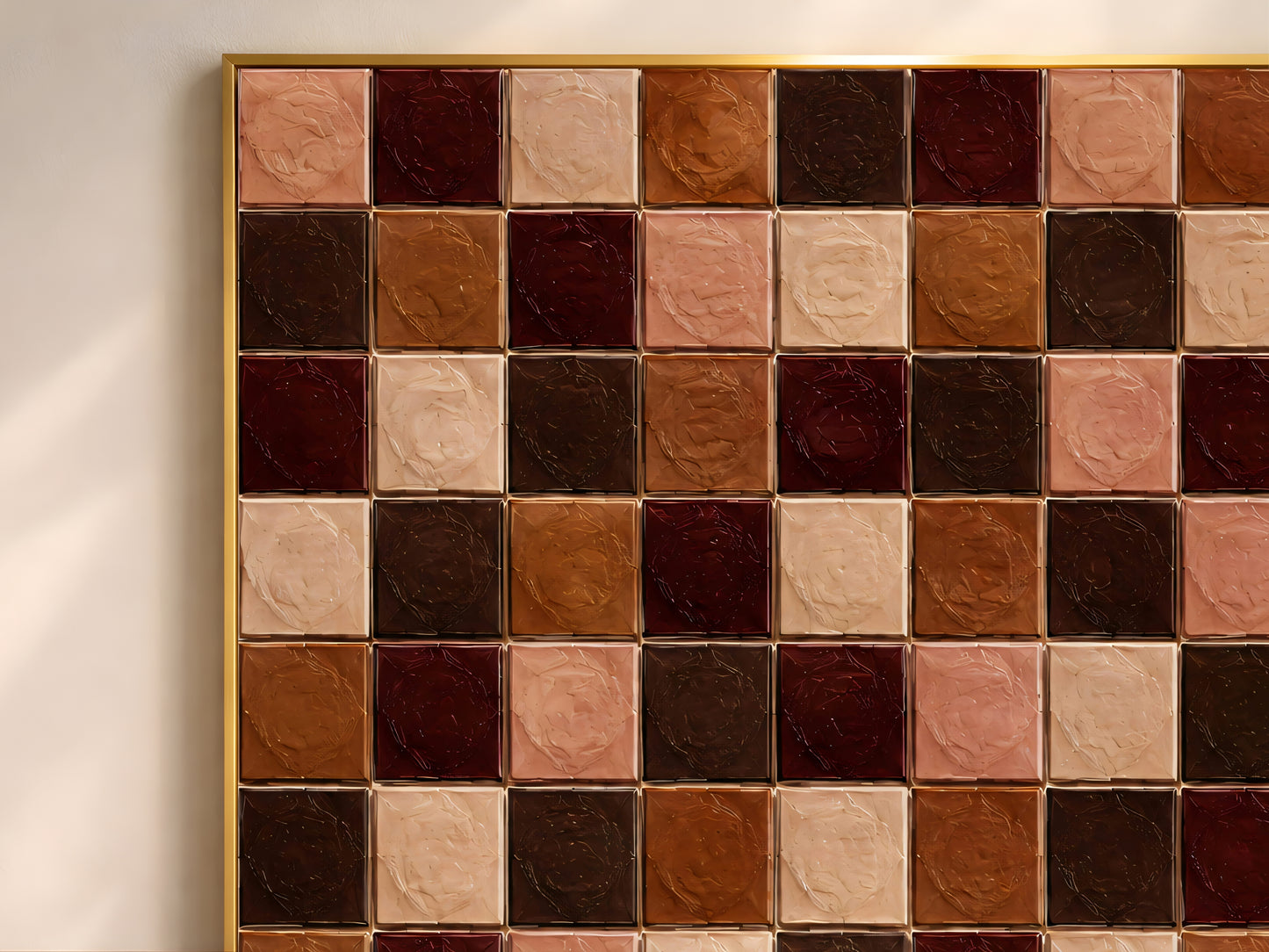 Close-up of glossy terracotta, chocolate, and blush impasto tile checkerboard artwork