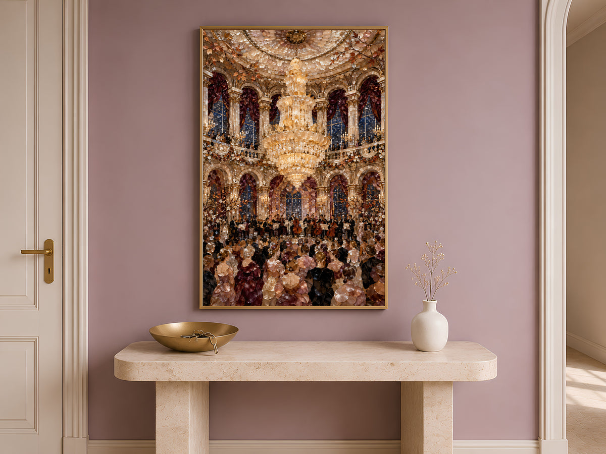 Ballroom orchestra wall art framed above an entryway console table styled with a small vase