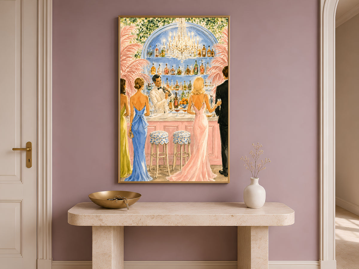 Riviera Cocktail Bar Wall Art, Preppy Pink Watercolor Print - Digital Download