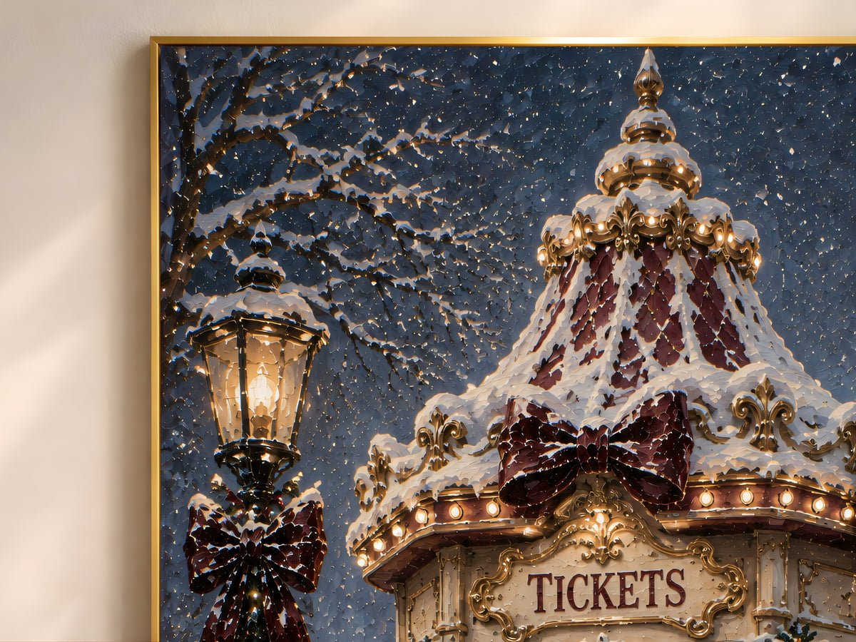 Close-up of the Christmas ticket booth painting showing snow, string lights, and a burgundy velvet bow